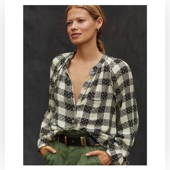 NWT Anthropologie Pilcro Wool Blend Breezy Plaid Button Up Shirt Yellow Black - Picture 1 of 16